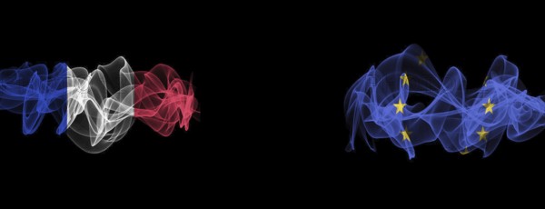Flags of France and the EU on a black background, France against the European Union smoke flags
