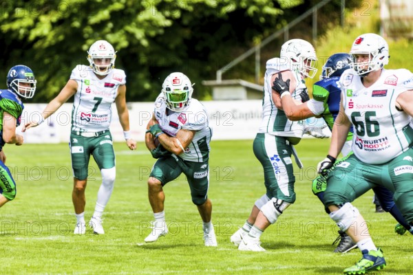 German Football League, Schwäbisch Hall Unicorns, Straubing Spiders in the Optima-Sportpark Shwaebisch Hall on July 02.2023 Germany, RB # 33 Mike Gentili