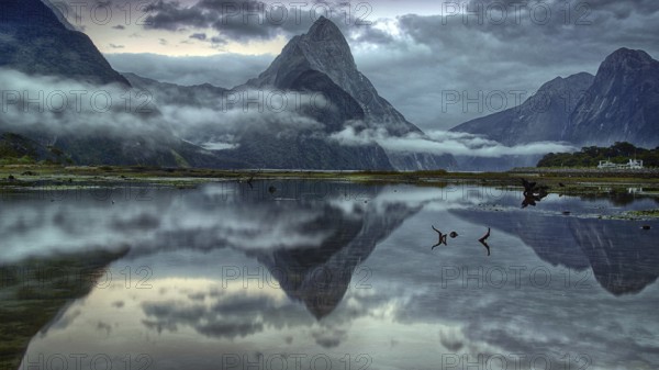 Milford Sound, fog, reflection, lake, South Island, mountains, New Zealand, Milford Sound, South Island, New Zealand