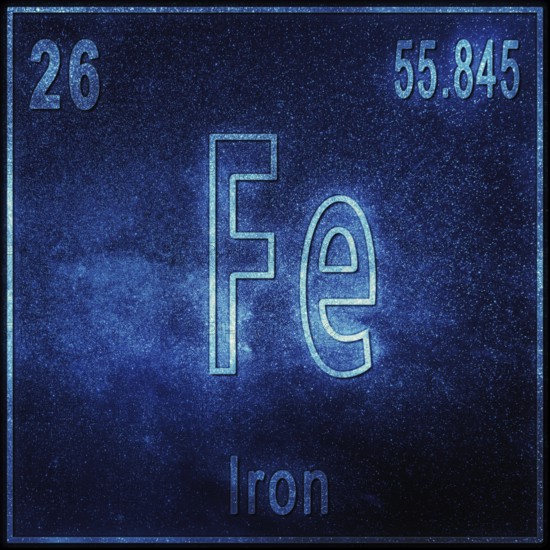 Iron chemical element, Sign with atomic number and atomic weight, Periodic Table Element