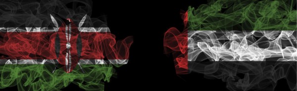 Flags of Kenya and UAE on Black background, Kenya vs United Arab Emirates Smoke Flags