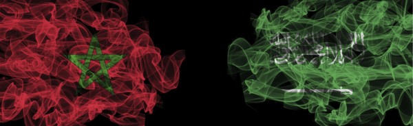 Flags of Morocco and Saudi Arabia on Black background, Morocco vs Saudi Arabia Smoke Flags