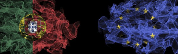 Flags of Portugal and EU on Black background, Portugal vs Europe Union Smoke Flags