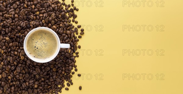 International coffee day, a cup of Arabica coffee beans on a yellow background