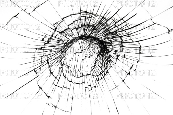 A crack on a broken glass mirror on a black background lines fragments bullet hole