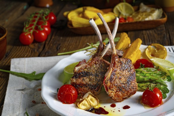 Lamb shanks marinated in herbs with green asparagus and lime