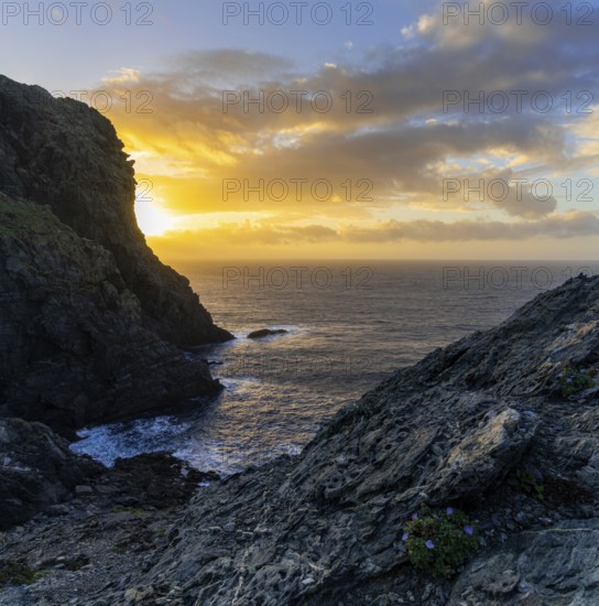 Long exposure sunset seascape with rocks and reef at Capo Falcone in Sardinia