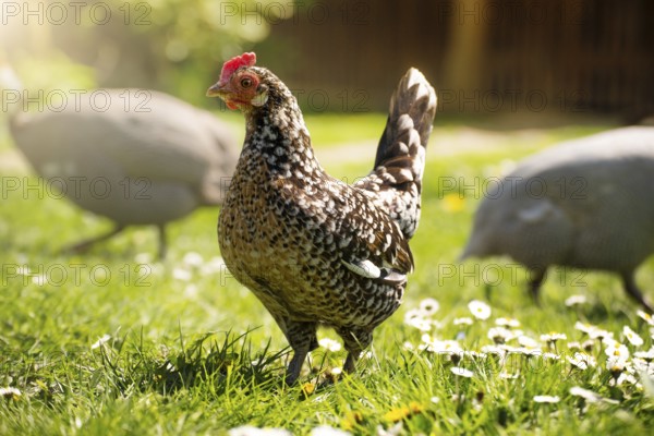 A hen grazing on green backyard grass