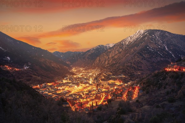 Andorra la Vella skyline at sunset in Pyrenees mountains