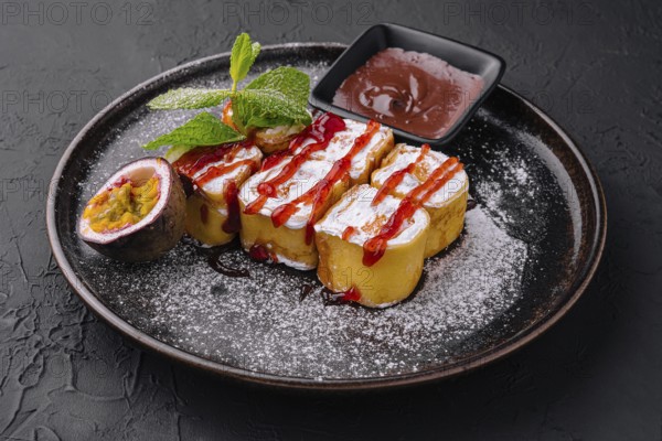 Food, Delicious fruit sushi rolls in pancake with cottage cheese