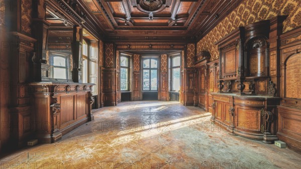 An empty, historic room with wood panelling and rays of light falling in, Villa Woodstock, Lost Place, Brill, Wuppertal, North Rhine-Westphalia, Germany