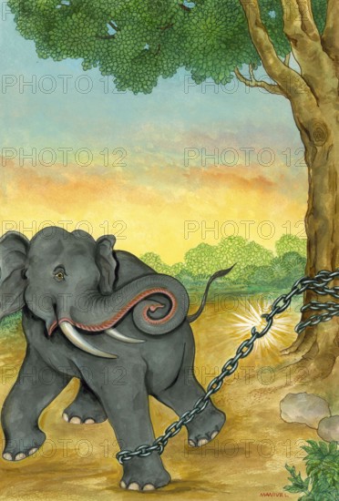 Artist Manivelu, hindu belief, hindu, hinduism, art, himalayan academy art, elephant, strength, chained elephant, break free, breaking chain, freedom, chained to a tree, link broken, moksha, liberation