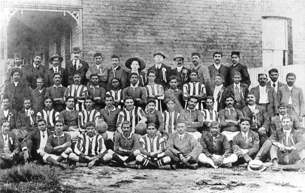 A football team of passive resisters in South Africa, 1913. Back row sixth from left: Gandhi and his secretary, Miss Sonia Schlesin