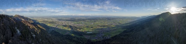 View of Mittelland with Aare loops and snow-covered Alps, Gitziflueh on the left and Hasenmatt on the right, drone image, first Jura chain, Solothurn, Switzerland