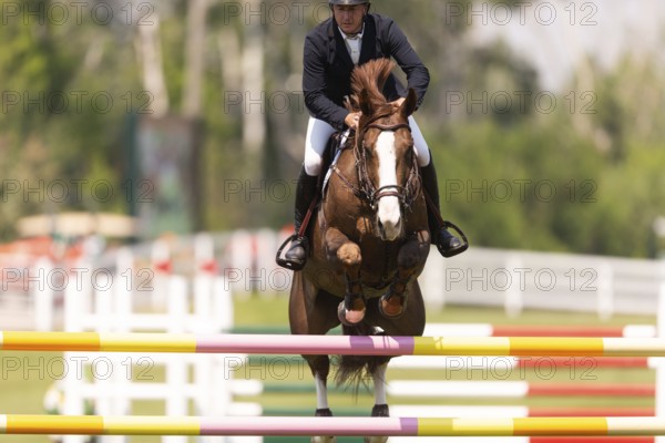 Jordan Coyle of Ireland and riding Jorisca, compete in the 1.60m Grand Prix during The Continental international competition at Spruce Meadows, in Calgary, Canada, North America