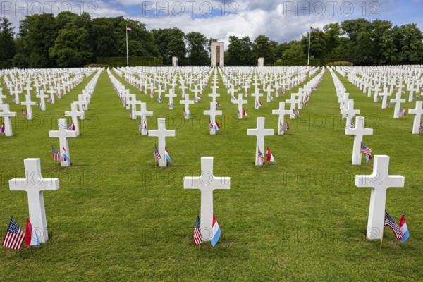 White crosses of an American military cemetery on a green lawn, lined with flags, Luxembourg American Cemetery and Memoria, Luxembourg, Grand Duchy of Luxembourg