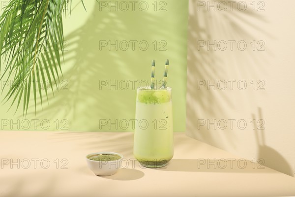 Green tea matcha latte in a glass with bamboo tubes on a modern light background with palm leaves.Traditional Indian drink rich in antioxidants, used for weight loss and treatment, selective focus