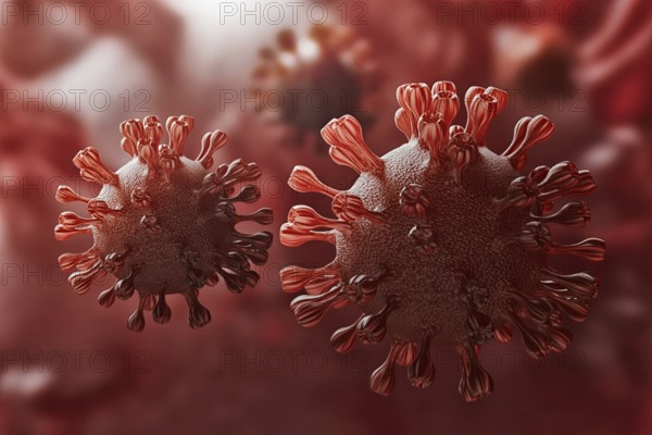 Super closeup Coronavirus COVID-19 in human lung body background. Science and microbiology concept. Red Corona virus outbreak epidemic. Medical health and virology. 3D illustration rendering