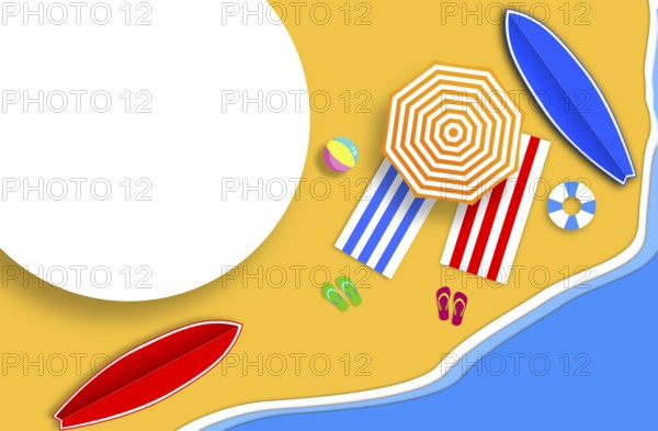 Summer background with a clean sandy beach, blue sea, striped umbrella, rugs, thongs, lifebuoy, ball and surfboards. Handmade composition with a white blank space for logo, paper photo. Relax and recreation concept. Flat lay, top view