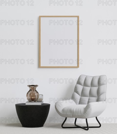 Big white living room.interior design, wooden chair, marble table, vase, carpet, wall for mock up and copy space