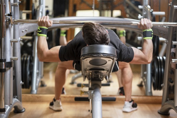 Sport, bodybuilding, lifestyle and people concept, young man with barbell flexing muscles and making bench press in gym