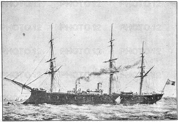 Le Tourville (1874) - a broadside ironclad of the French navy. Illustration of the 19th century. Germany. White background