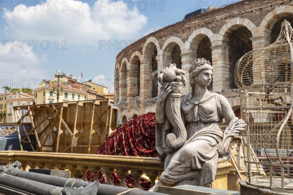 Verona, Italy, June 2022: preparing the stage for the thetre performance in the famous Arena di Verona, Aida spectacle
