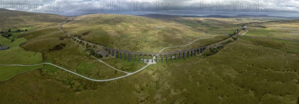 Ribblehead Viaduct, railway viaduct in the Yorkshire Dales, drone image, Carnforth, England, Great Britain
