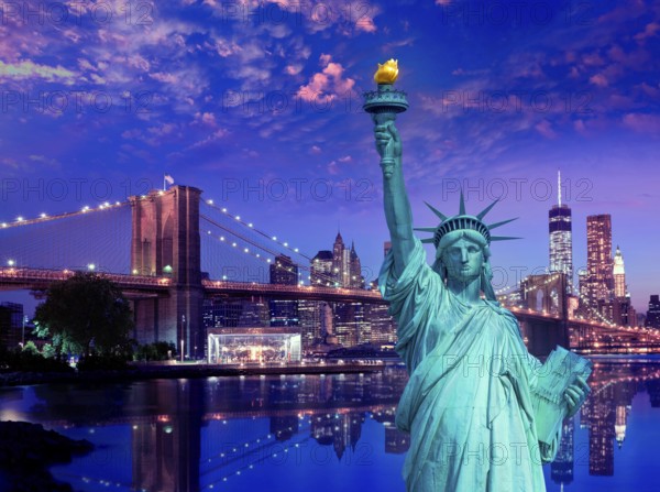 Liberty Statue and Brooklyn bridge New York American Symbols USA photomount