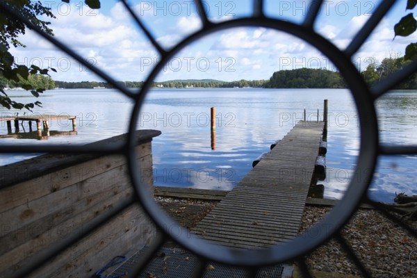 View over the Scharmützelsee with a jetty, Bad Saarow, Brandenburg, Germany