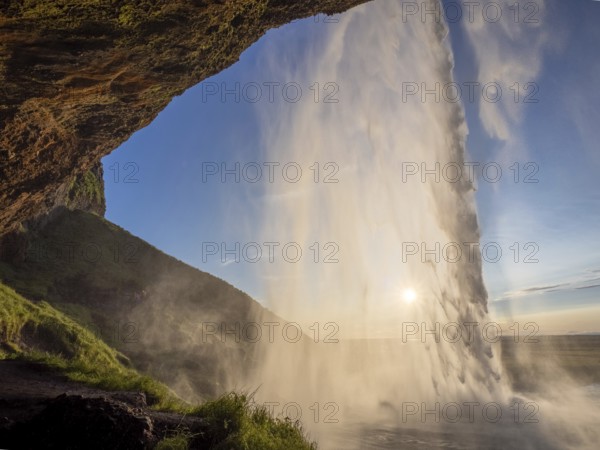 Seljalandsfoss waterfall, backlight shot, South Iceland, Iceland