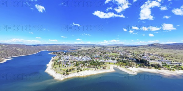 The view over the town of Jindabyne and Lake Jindabyne on a warm sunny summer's day in New South Wales, Australia
