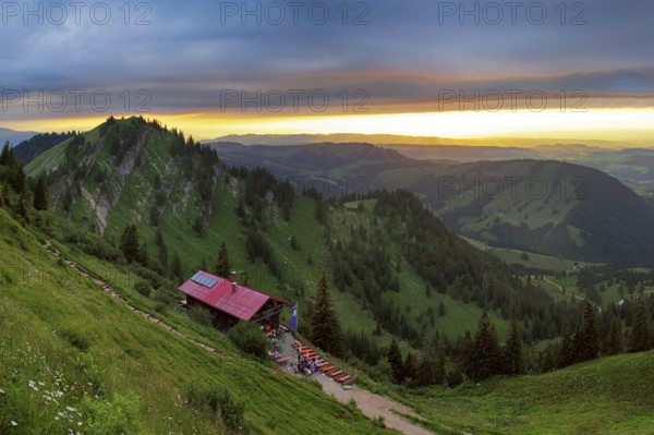 Panoramic view from the Nagelfluhkette to the foothills of the Alps, Nagelfluhkette, Allgäu. The Alpine Club hut on the left