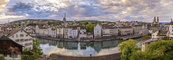 Zurich city skyline panorama at Limmat River and Grossmunster Church, Zurich, Switzerland