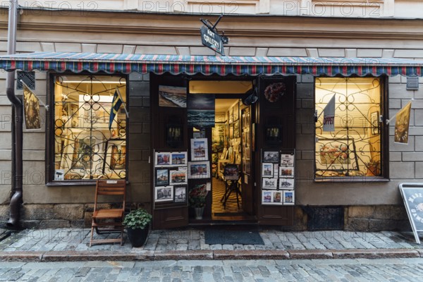 Stockholm, Sweden, August 8, 2019: Art Gallery storefront in Gamla Stan. The Old Town is one of the largest and best preserved medieval city centers in Europe