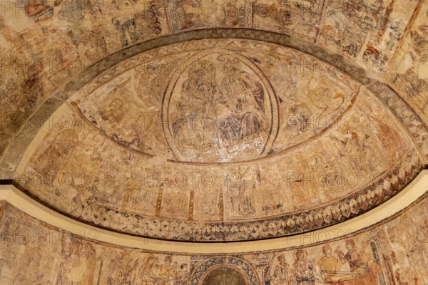 Coronation of Mary for her son Jesus Christ, wall paintings of Osia, XIII century, fresco torn and transferred to canvas, come from the hermitage of Nuestra Señora del Rosario, Osia, Diocesan Museum of Jaca, Huesca, Spain
