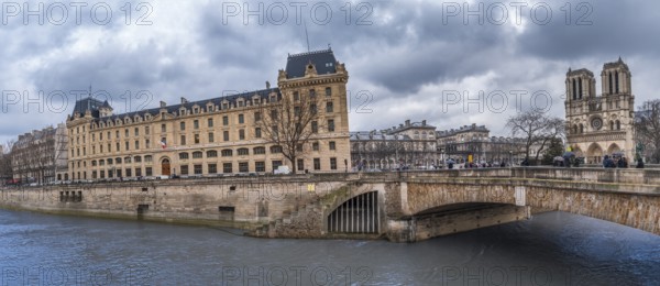Cityscape in Paris with the Seine river, historical cathedral and buildings, an antique bridge, on a rainy day of February