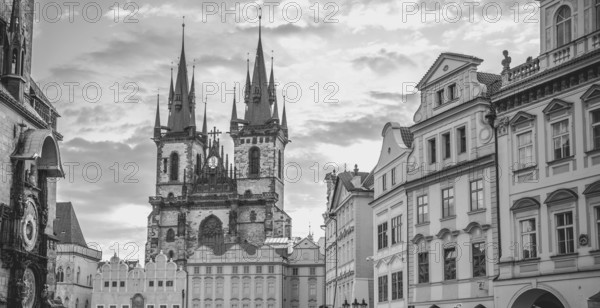 Black and white image with the Church of our Lady before Tyn and other historical buildings from the Old Town Square, in Prague, Czech Republic