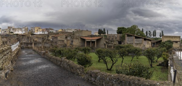 Ercolano, Italy, 25 November, 2023: orchard and street in the excavated ancient Roman city of Herculaneum