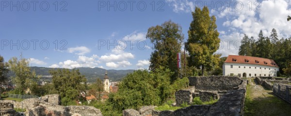 Ruins of Massenburg Castle, former castle complex, gate building at the back, panoramic view, Massenberg, Leoben, Styria, Austria