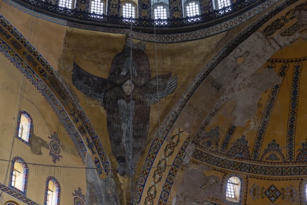 A picture of the colorful and gorgeous interior of the Hagia Sophia, in Istanbul