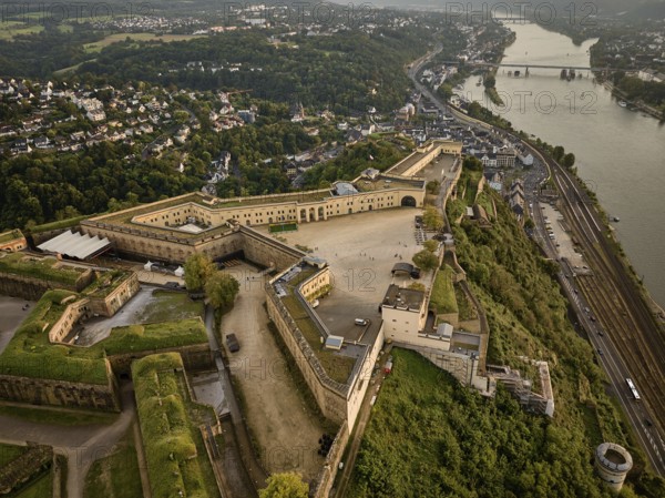 Ehrenbreitstein Fortress is situated 118 metres above the Rhine opposite the mouth of the Moselle with the Deutsches Eck in Koblenz. Ehrenbreitstein Fortress, the second largest preserved fortress in Europe, was built in its present form between 1817 and 1828. Koblenz, Rhineland-Palatinate, Germany