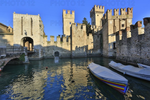 Scaligero Castle, Castello Scaligero in the early morning, Sirmione, Lombardy Region, Province of Brescia, Lake Garda