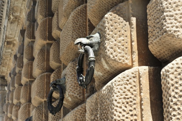 Alhambra, Granada, Andalusia, Spain, Close-up of an antique door knocker on a stone wall, Alhambra, Granada, Andalusia, Spain