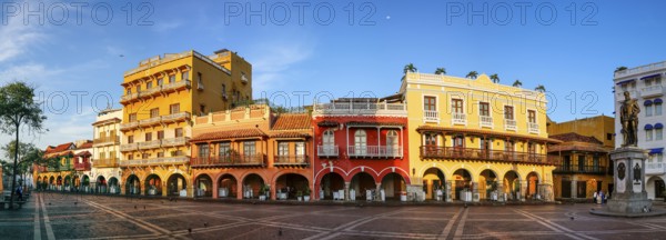 Panorama of an ensemble of colorful historic buildings on a sunny day in Cartagena, Colombia, Unesco World Heritage