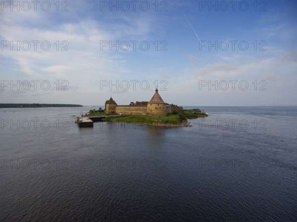 Aerial view on fortress Oreshek on island in Neva river near Shlisselburg town, Leningrad region, Russia