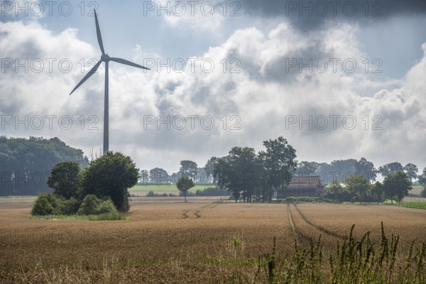 Rural landscape with wind turbine and fields under a slightly cloudy sky, wind turbine and farm in Münsterland