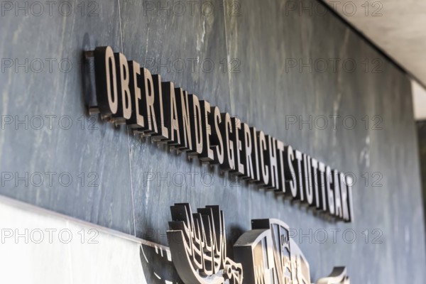 New courtroom building of the Higher Regional Court OLG, state coat of arms. Stammheim, Stuttgart, Baden-Württemberg, Germany