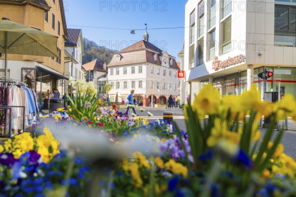 Flowerbed in the foreground of a busy shopping street, framed by people and buildings, Nagold Town Hall, Black Forest, Germany