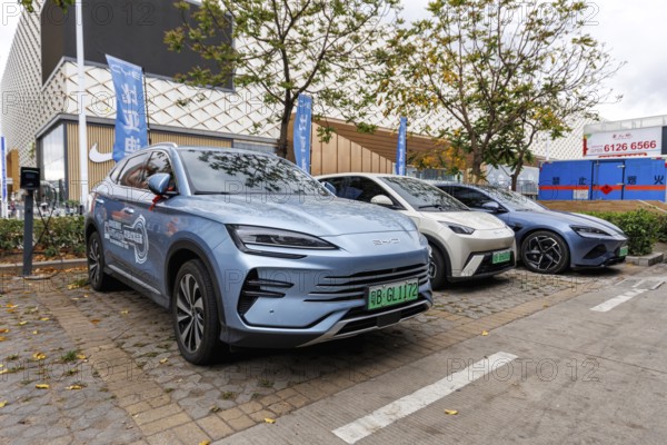 Electric cars from the Chinese car brand BYD Build Your Dream electric mobility traffic in Shenzhen, China